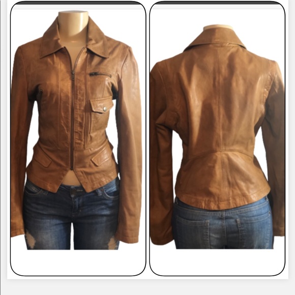 Black Rivet Jackets & Blazers - BLACK RIVET LEATHER TAN MOTO JACKET